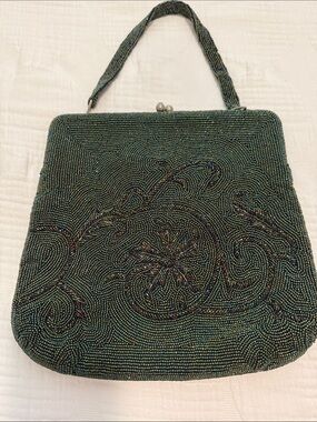 Beaded Antique Evening Handbag in Iridescent Dark Green Beads, etc All Perfect.
